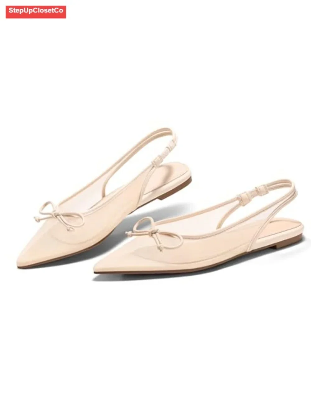 Mesh Slingback Pointed Toe Ballet Flats with Bow Low Heel Dress Shoes